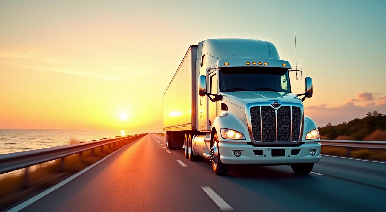 A modern streamlined freight truck on a scenic highway