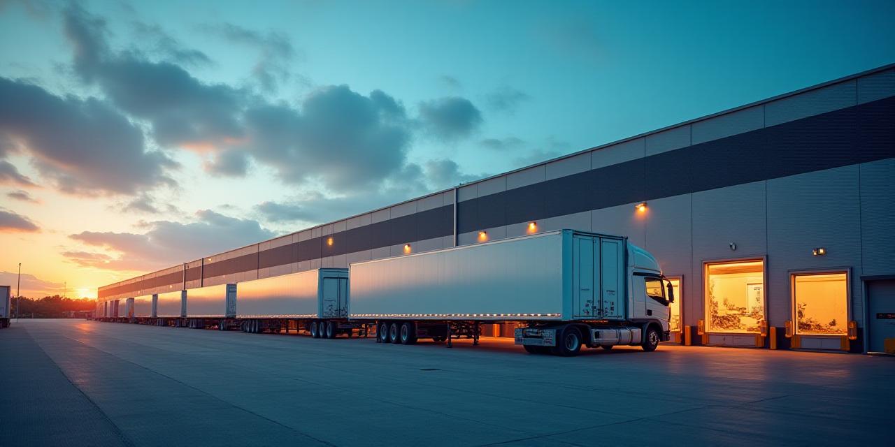 Modern logistics hub with delivery trucks and soft sunset lighting
